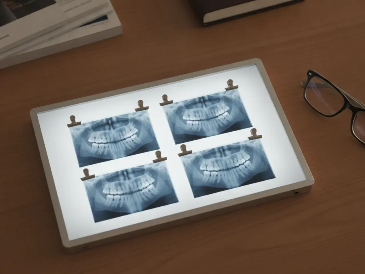Vista de cima de radiografias dentarias